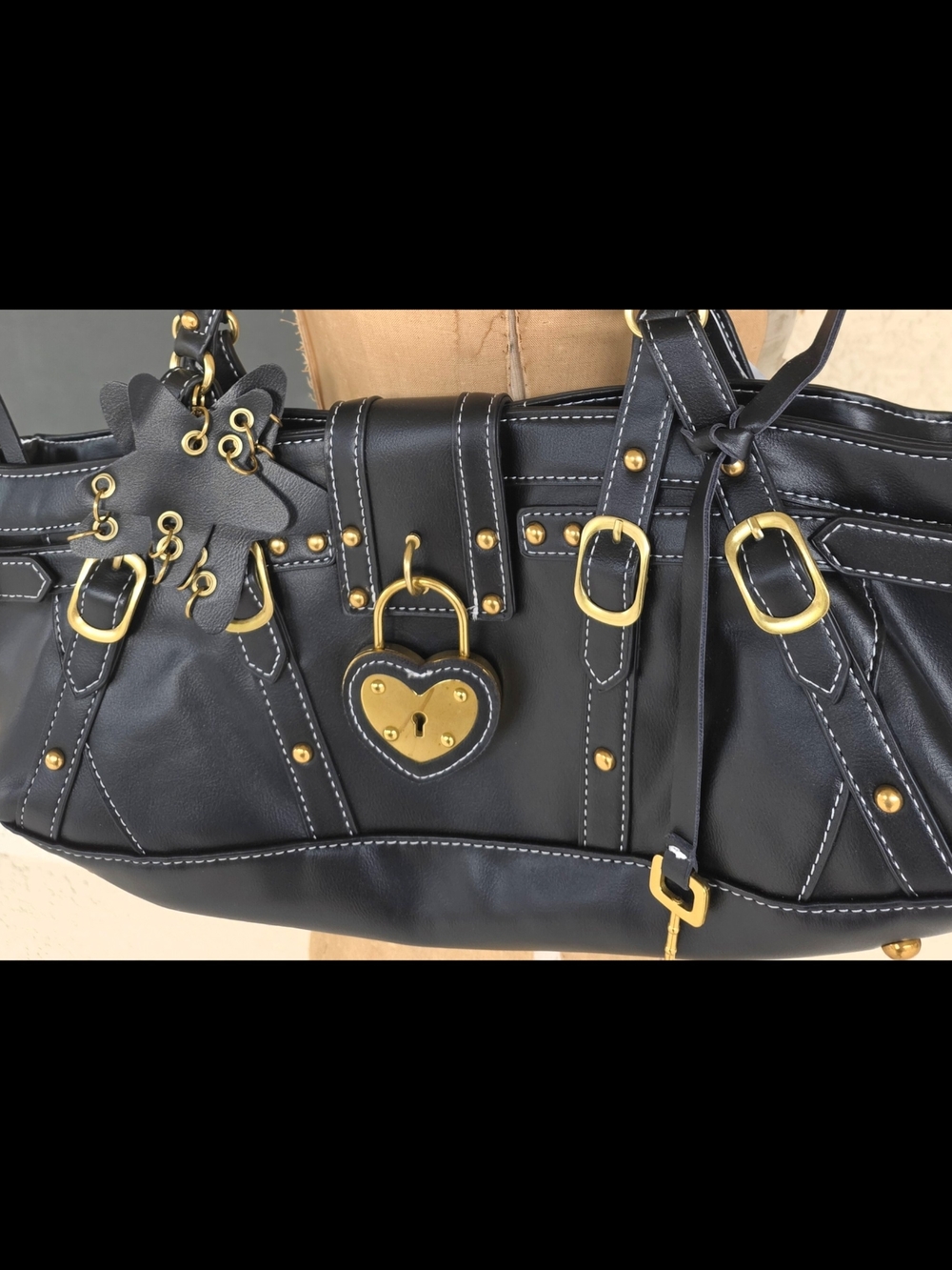 Source Unknown Black Shoulder Bag with Gold Hardware and Heart Lock